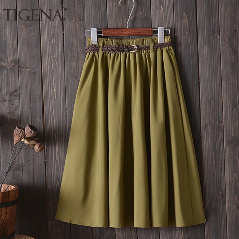 

TIGENA 2019 Spring Summer Midi Skirt Women With Belt Korean Fashion Knee Length High Waist Pleated A-line School Skirt Female