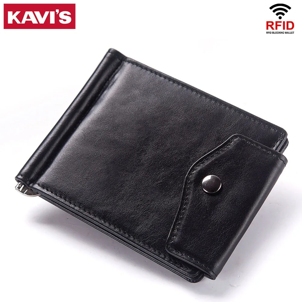 

KAVIS Rfid 100% Genuine Leather Money Clip Men Billfold Bifold Male Purse Wallet Clamp for Card Case Coin Bag Slim Holder Small