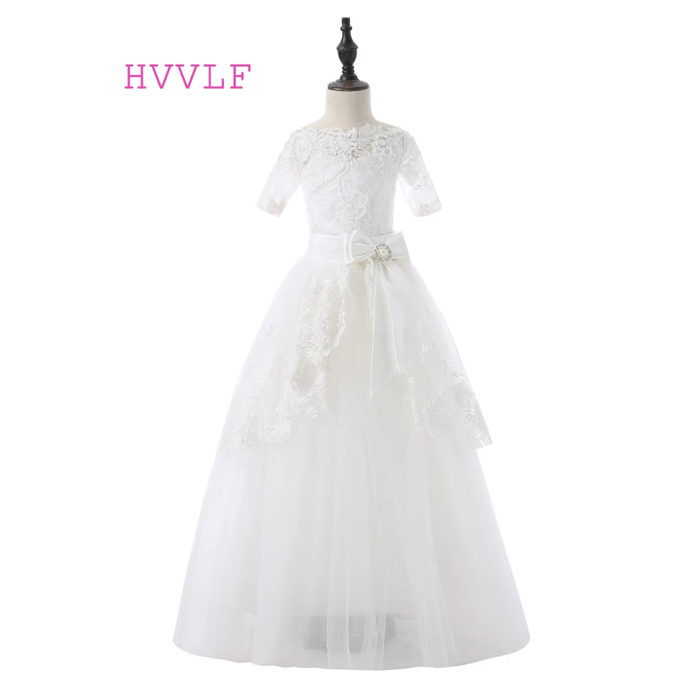 

Ivory 2019 Flower Girl Dresses For Weddings Ball Gown Short Sleeves Bow Tulle Lace First Communion Dresses For Little Girls