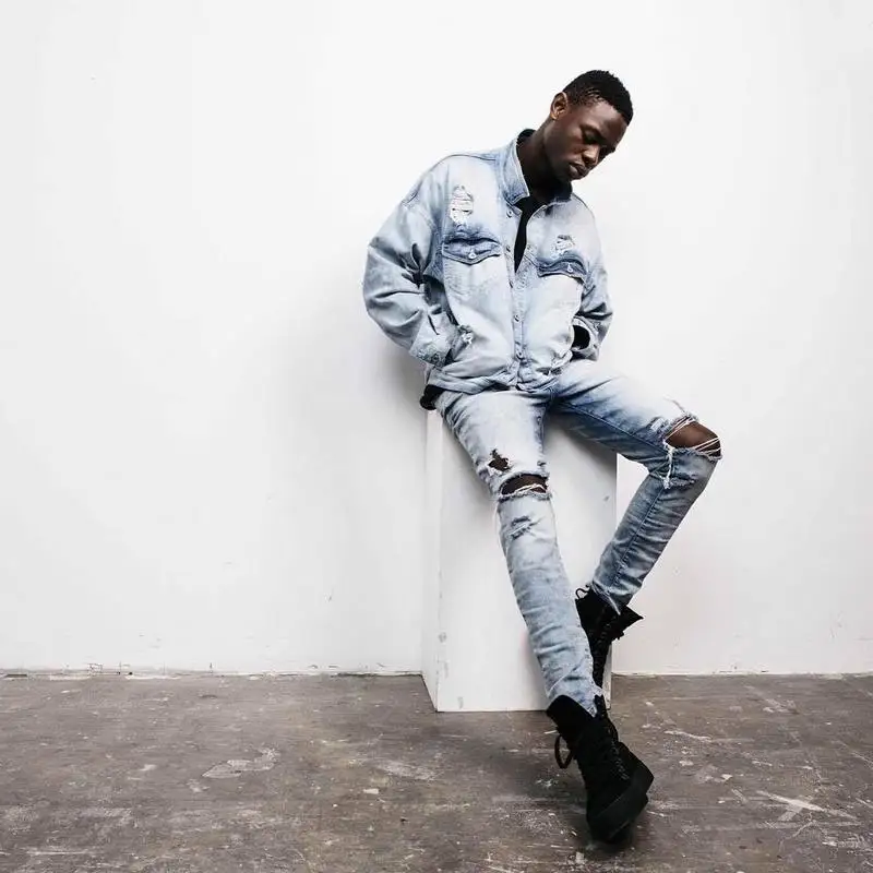 Top kanye represent mens european clothing men light blue black designer rock star Hole ripped skinny