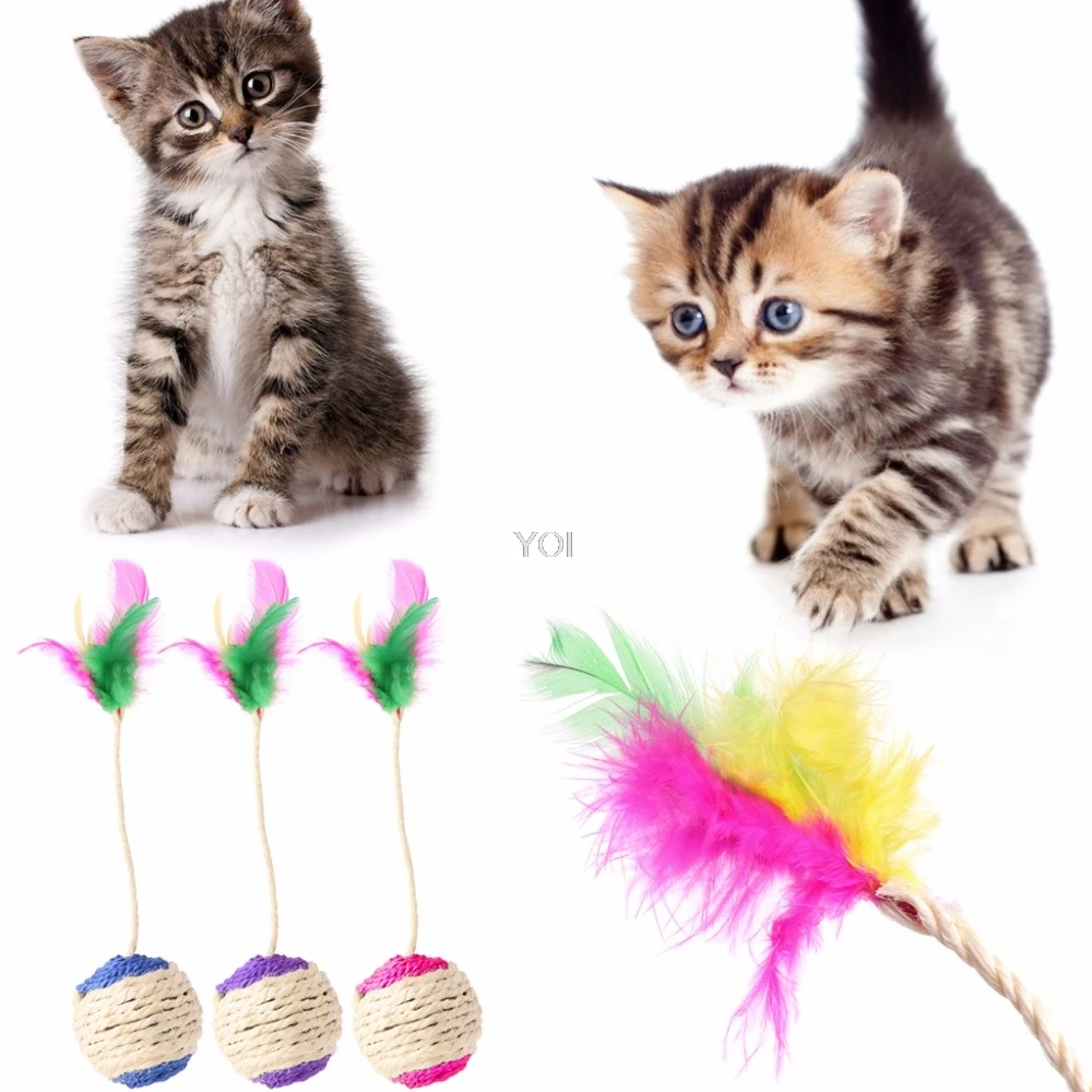 

1Pc Pet Cat Kitten Toy Rolling Sisal Scratching Ball Tumbler Interactive Doll With Feather Toys for Cat Supplies