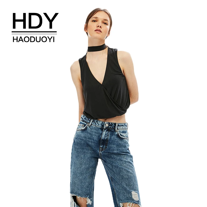 

HDY Haoduoyi Deep V-neck Sexy Women T-shirts Solid Black Choker Off Shoulder Lady Crop Tops Casual Hollow Out Female Pullovers