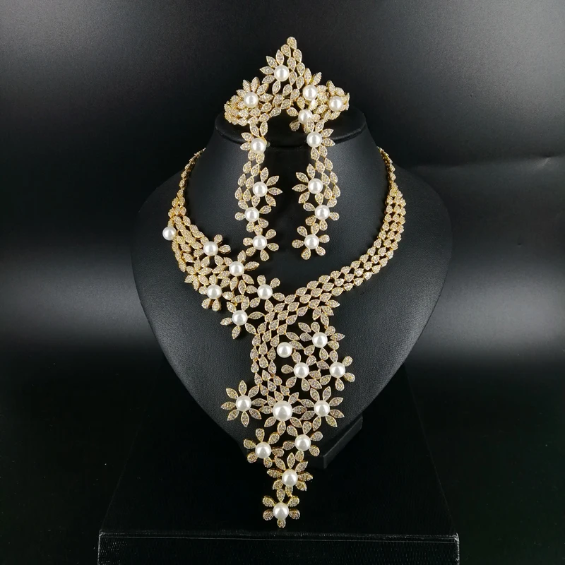 

2019NEW FASHION luxury crystal CZzircon golden necklace earring bracelet ring wedding bridal banquet dinner dressing jewelry set