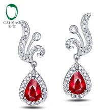 18KT White Gold 4x6 мм Груша 1.18ct ruby& 0.30ct diamond Обручение Серьги