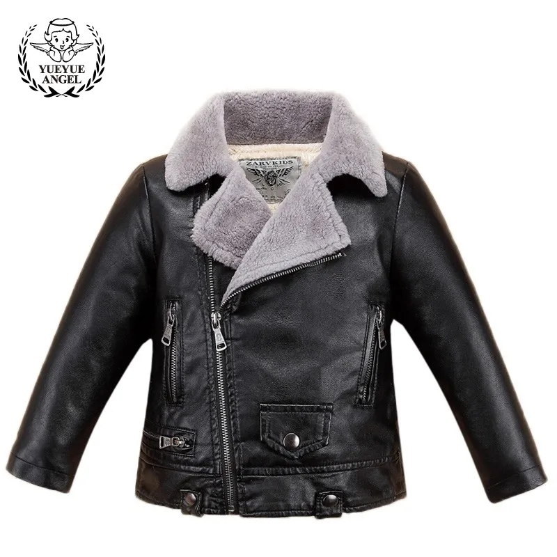 

2019 Winter Boys Faux Leather Coat Brown Black Baby Plus Velvet Thicken Student Boy Overcoat Coats Children Fur Collar Outerwear