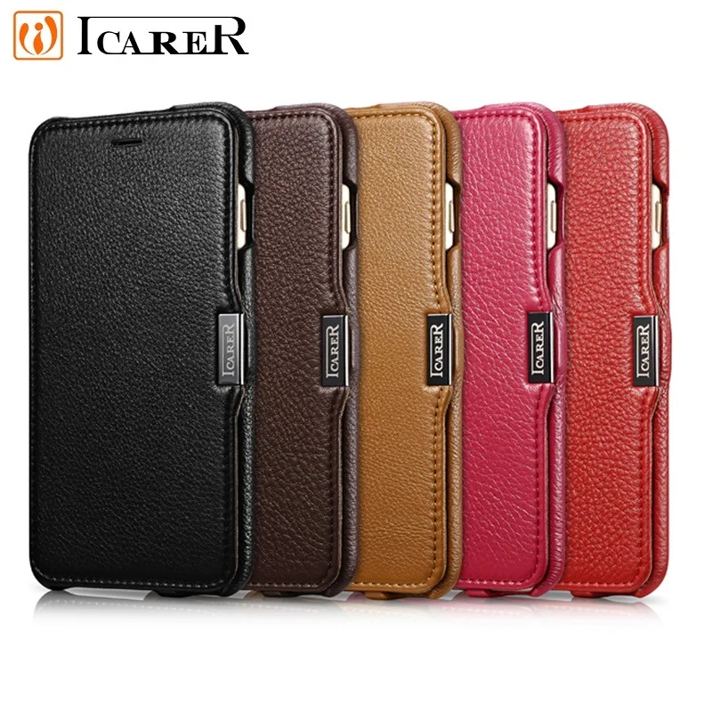 

ICARER Card Bag For iPhone 6 Plus Litchi Pattern Side-open Genuine Leather Protective Stand Flip Cover Case For iPhone 6s Plus