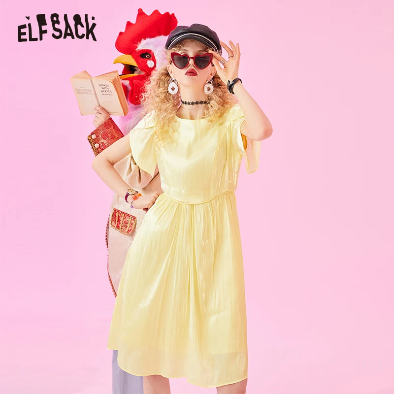 

ELF SACK Elegant Yellow Lace up Women Party Dresses Sexy Hollow Out Female A-line Dress Fashion Sweet Bow Chiffon Woman Clothing