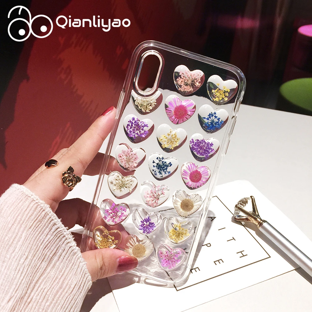 

Qianliyao Handmade Natural Real Dried Flowers Phone Case For iPhone 6 6s 7 8 Plus X XS XR MAX Love Heart Soft TPU Silicone Cover