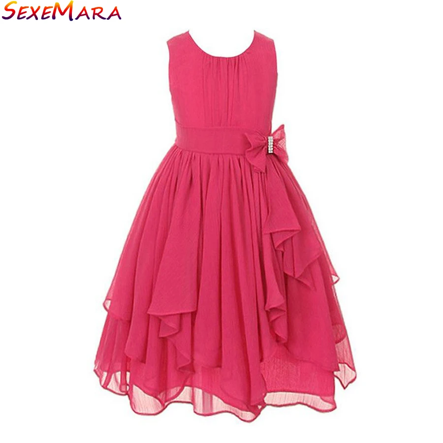 Повседневные хлопковые кружевные платья для девочек; вечерние или Свадебные Летние Детские платья; платье для девочек; однотонное шифоновое платье с цветочным принтом и бантом