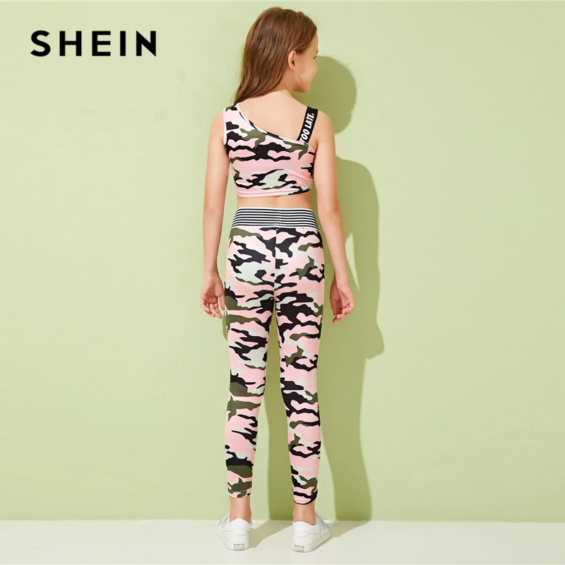 SHEIN/детская одежда для девочек; Асимметричный топ с буквенным принтом и камуфляжные леггинсы; коллекция года; летняя одежда для активного отдыха; обтягивающие Детские комплекты