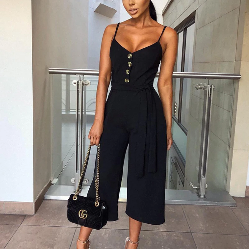 

Summer Office Jumpsuits for Women Buttons Bow Loose Solid Lace Up Spaghetti Strap Sexy Overalls Bandage Rompers Women Jumpsuit
