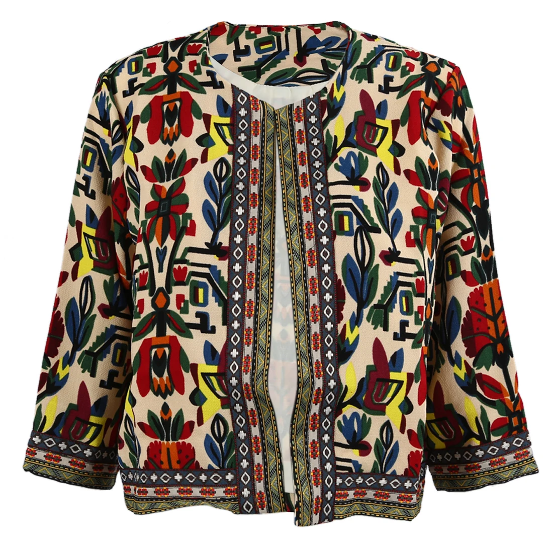 

Spring Women Outerwear Vintage Women Lady Ethnic Floral Print Embroidered Short Jacket Slim Coat beige M