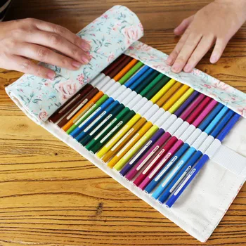 

36/48/72 Holes Pencil Case Flowers Canvas Roll Pouch Comestic For Office School Art Supplies Brush Pen Storage Pecncil box