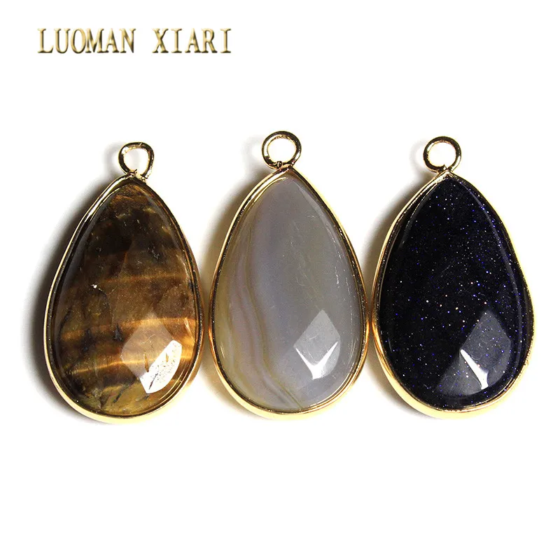 

Wholesale Natural Water Drop Faceted Natural Stone Tiger Eye Charm Pendant Goleden Plated DIY Fit Necklace For Jewelry Making