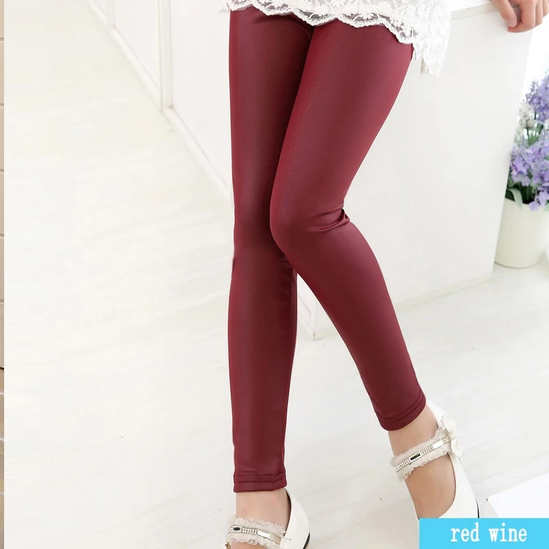 Hot Sale Spring New Girls Leggings Fashion Imitation Leather Slim Girls Pants Student Pants 4-16 YEAR - Цвет: red wine