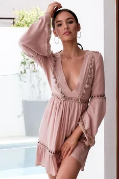 

2018 Women's Clothing Deep Vneck Dress Vintage Style Solid Color High Waist Long Sleeve Short Dress Hollow Out Lace Spring Dress