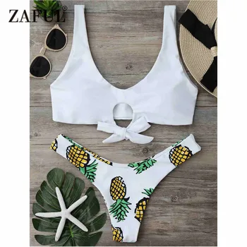 

ZAFUL 2019 New Women Pineapple Print Thong Bottom Bikini Set Summer Trpical Sexy Spaghetti Straps Swimsuit Colorful Biquini