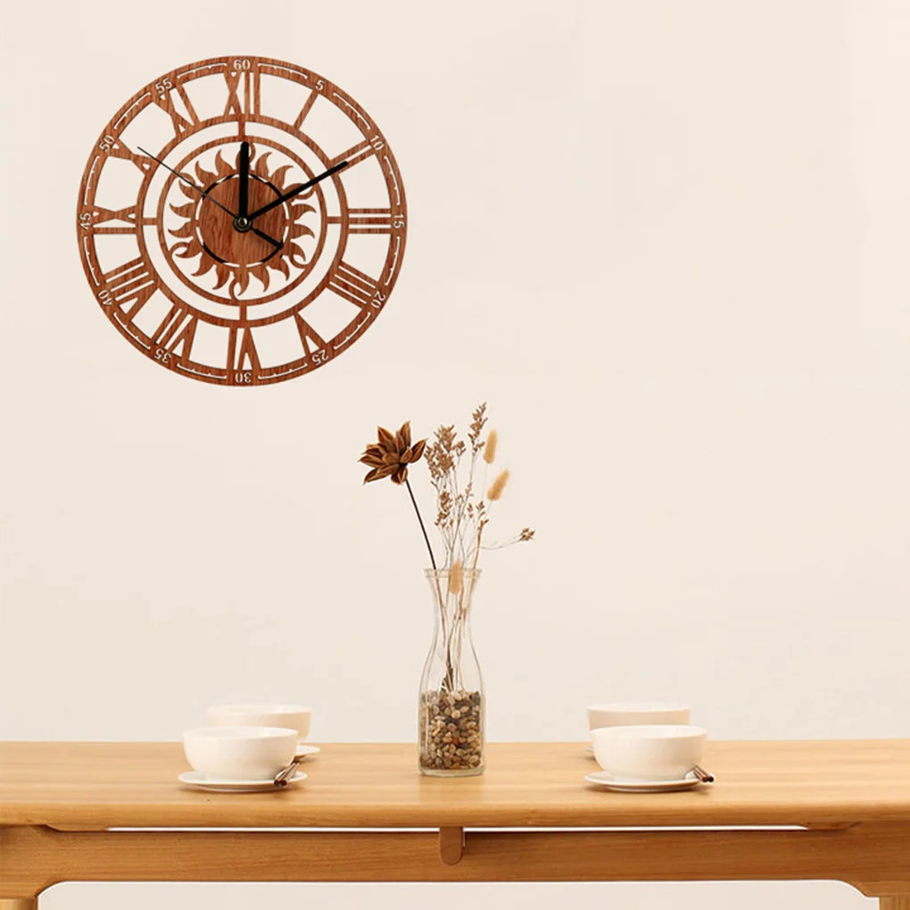 

Sun Shaped Round Roman Numeral Wood Clock Home Office Shop Decorative Wooden Hanging Clock