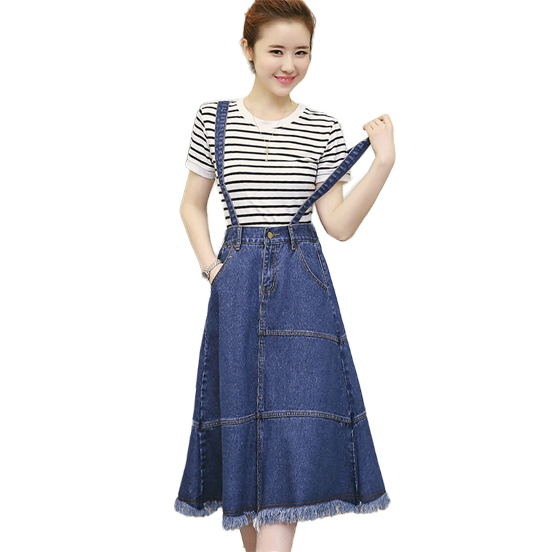 

2019 Summer Strap Denim Skirts Womens High Waist Plus Size Pockets Long Jeans Skirt Ladies Casual A-line Midi Skirt jupe femme