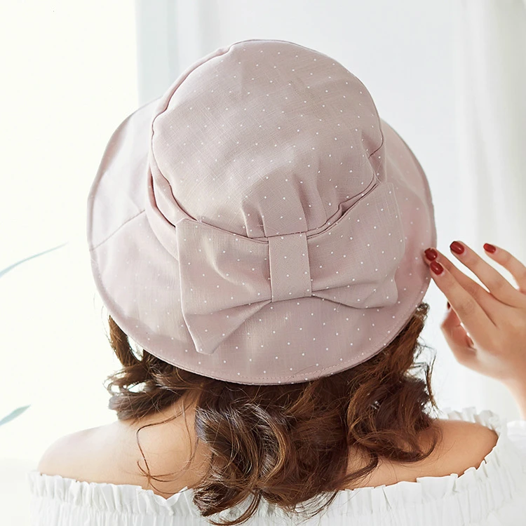 Women summer new dot bow cotton cloth bucket hats Wild casual big brim
