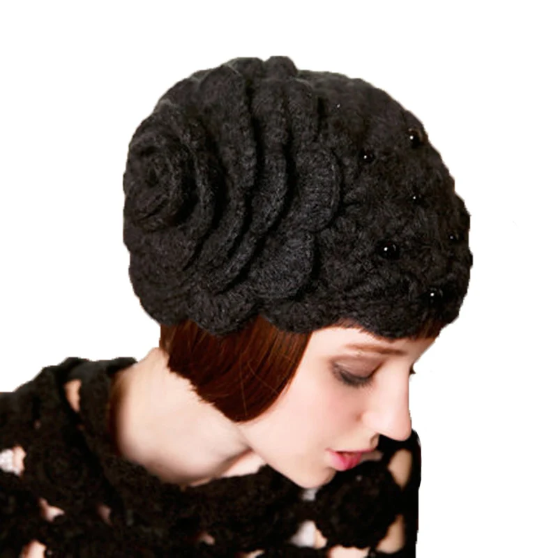 FS элегантные шерстяные вязаные шапочки фиолетовые цветы с бисером осень зима женская шапка мода красный бежевый черный капот Femme Hiver - Цвет: Черный