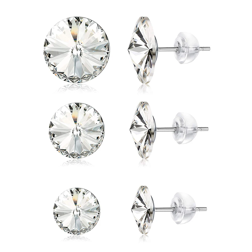 

3 Pair Classic Round Silver Color Stud Earrings Crystals From Swarovski Piercing For Women Party Wedding Rhinestone Week Jewelry