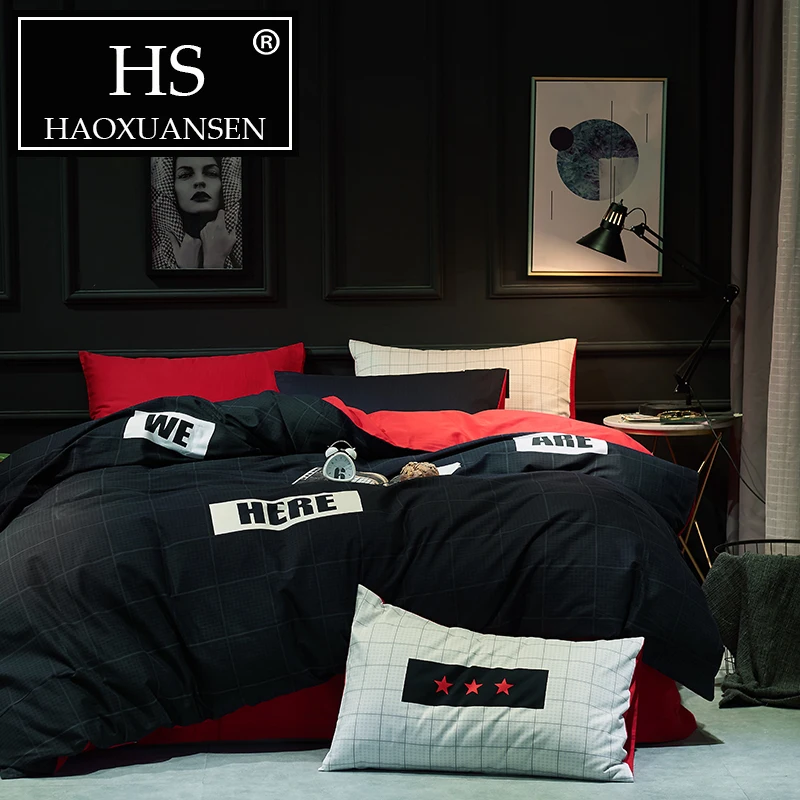 

Black Red Letter Print 4pcs Bedding Set Thick Sanding Cotton Queen King Size Warm Duvet Cover Set for Autumn and Winter Sheet