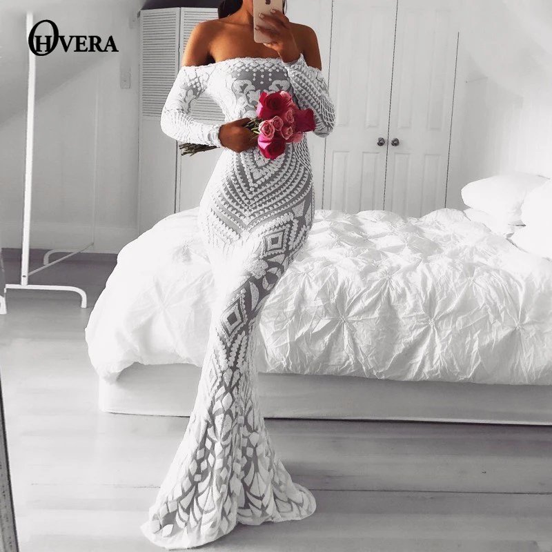 

Ohvera Mesh Black White Lace Dress Women Sexy Off Shoulder Sequin Summer Dress Elegant Bodycon Maxi Long Dresses Party Vestidos