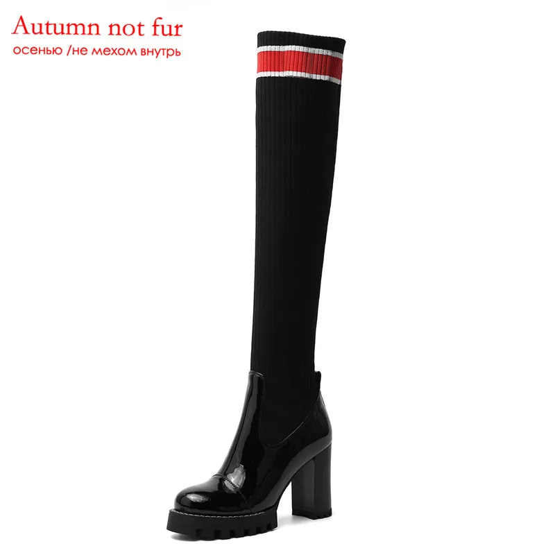 MORAZORA/Новинка года; Сапоги выше колена; женские эластичные сапоги из натуральной лакированной кожи; Изящные пикантные высокие сапоги на платформе и высоком каблуке - Цвет: black not fur