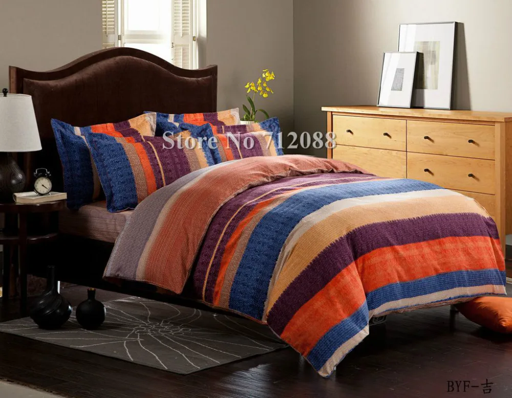 Free Shipping Blue Orange Purple Stripe Bed Sheets Linens 4pcs