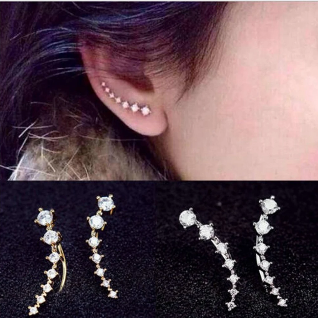 

Women Girls a Row 7 Crystal Ear Cuffs Hoop Climber Stud Earrings Star Ear Stud Pin Jewelry Accessories