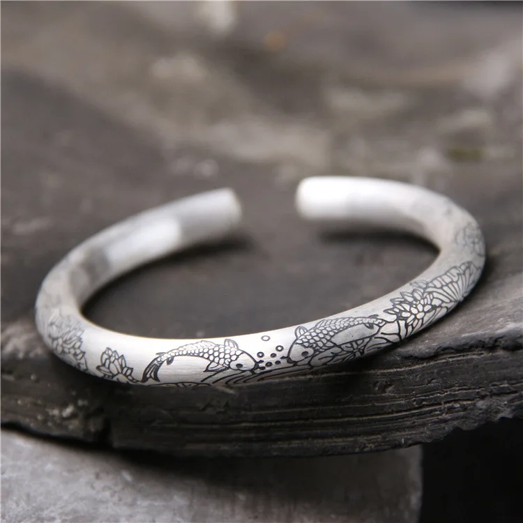 

S999 Sterling Silver Bracelet Female Silver Retro Drawing Fish Lotus Openings Bracelet
