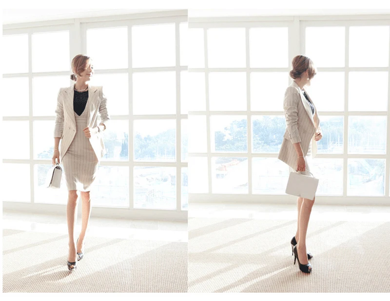 OL Работа полосатый офис леди платье костюмы 2 из двух частей Наборы Элегантный для женщин Блейзер Куртка+ модные облегающие платья Femme
