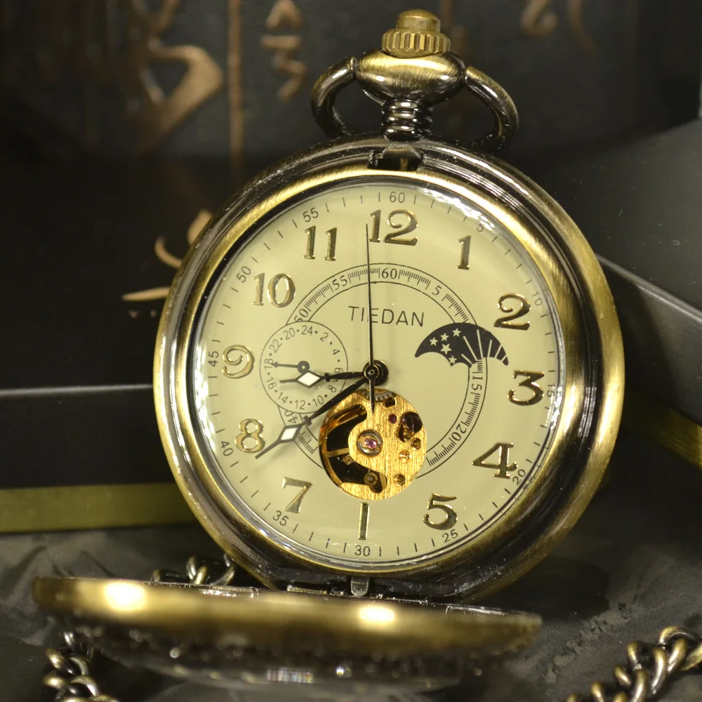 Luxo Skeleton Bronze Retro Relógio de Bolso Antigo Esqueleto Mecânica Pocket Ver Colar Cadeia Homens de Negócios & Fob Relógios - Image 3