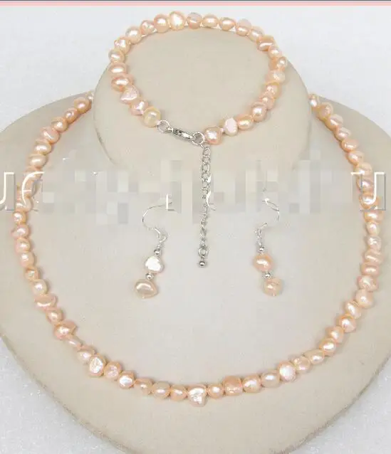 

Free Shipping >>>>> adjustable 17-19" Baroque pink pearls necklace bracelet Earrings set j11616