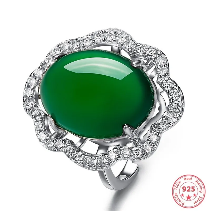 

S925 Silver Emerald Diamond Finger Ring Retro Natural Chalcedony Turquoise Anillos De Wedding Bizuteria Jewelry Gemstone Rings