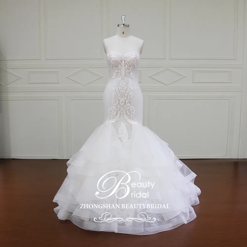 

Luxury Mermaid Wedding Dresses 2019 With float and Lace Customize Lace Up Back Bridal Gown Train Vestidos De Noiva XF16009