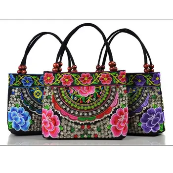 

Women Ethnic Style Shoulder Bag Embroided Handbag Vintage Printed Handle Bag Female Cnavas Rucksack
