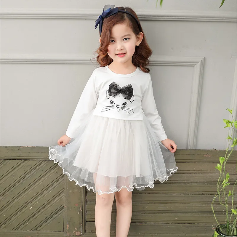 

2017 New Design Baby Girls Spring Autumn Dress Long Sleeve O-Neck Cat Printed Dress Kids School Princess Tutu Dresses For Girls