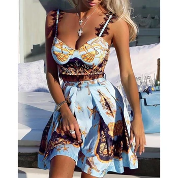 

Lace Insert Print Cami Top & Pleated Skirt Set Women Sleeveless Summer Casual Outfits 2 Piece Suits