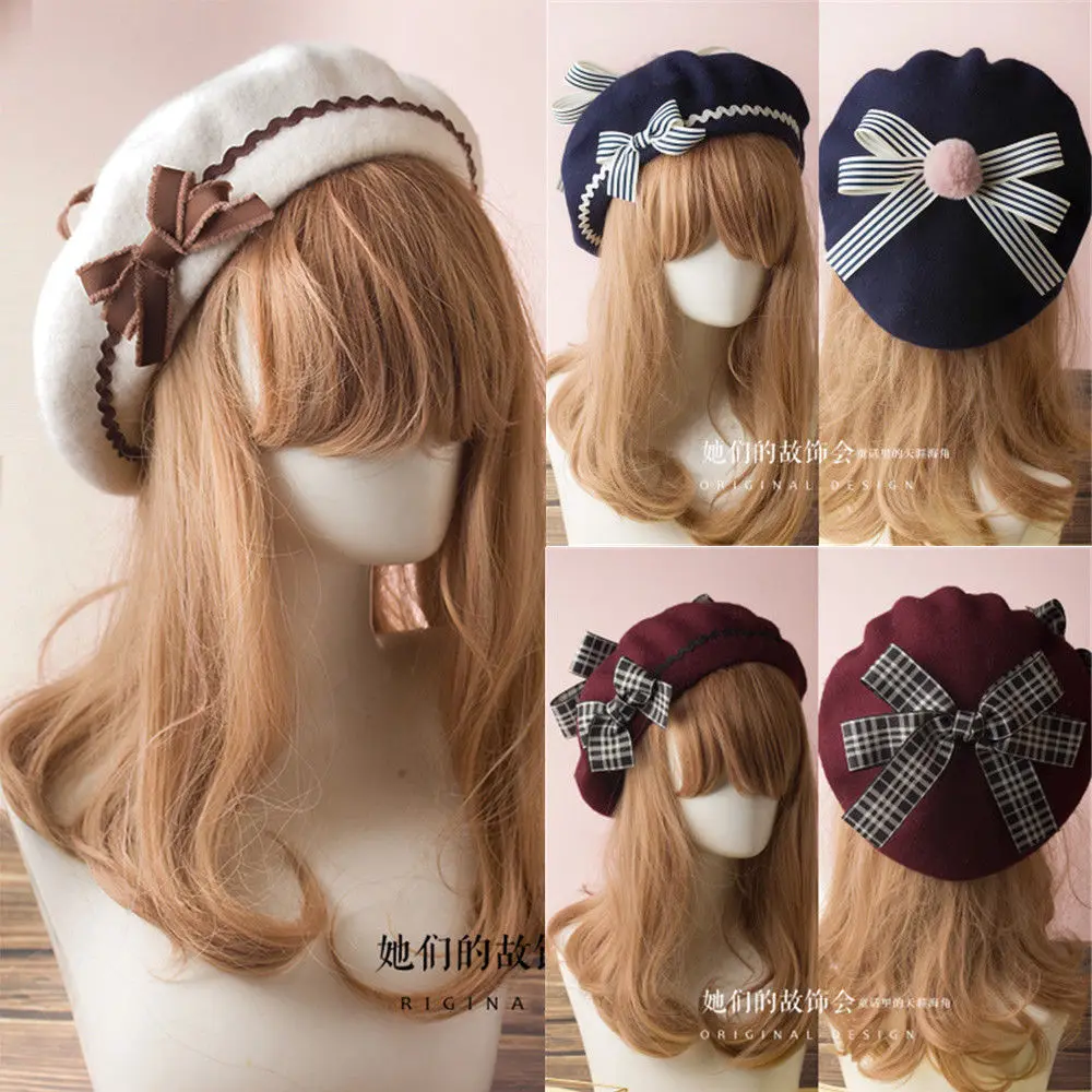

Lolita Hat French Beret Wool Cap Beanie Ski Bow Tie Girl Women Classic 17colors