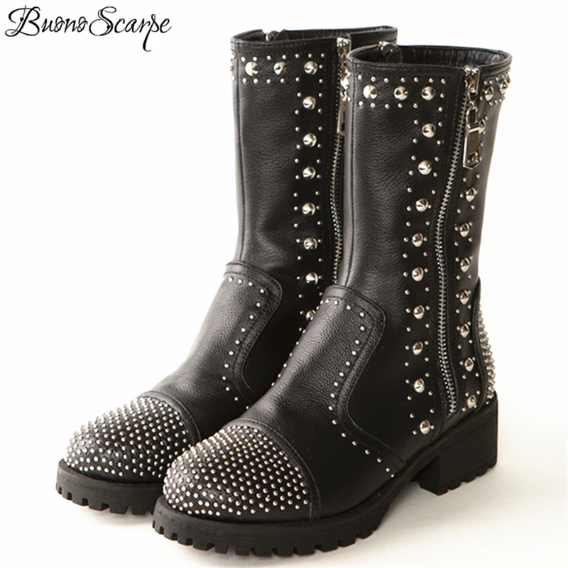 Véritable Piste Shoescrystal Black In Chunky Strass Plein Pour Buonoscarpe Conception Courtes Cloutés Femmes plush Bottines Rivets Talon Cuir rxoEBdCeQW