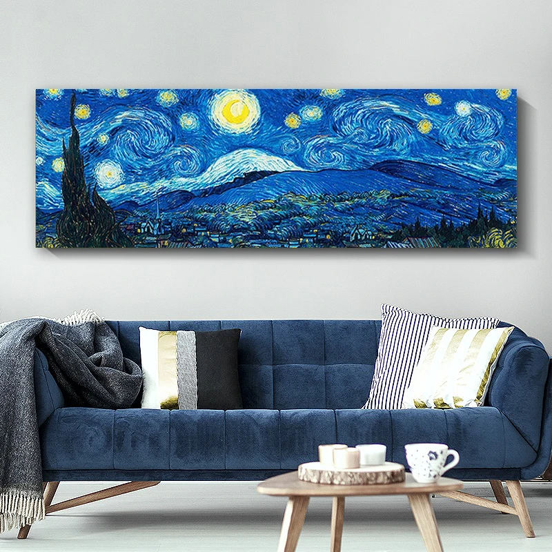 Ван Гог Звездная ночь панорамная Картина на холсте DIY натуральная твердая сосновая рама растягивается плакат печать Настенная картина