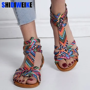 

Zipper up Leopord Shoes Ankle Strap Sandals Women Cross-tied Flats Open Toe Flocking Shoes Summer g134