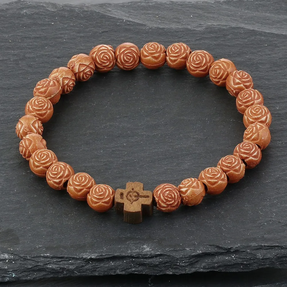 

Wood Rosary Beads Cuff Bracelets Men Elastic Wristband Bracelets Women Cross Prayer Religious Jewelry Yoga Pulsera Gifts SL066