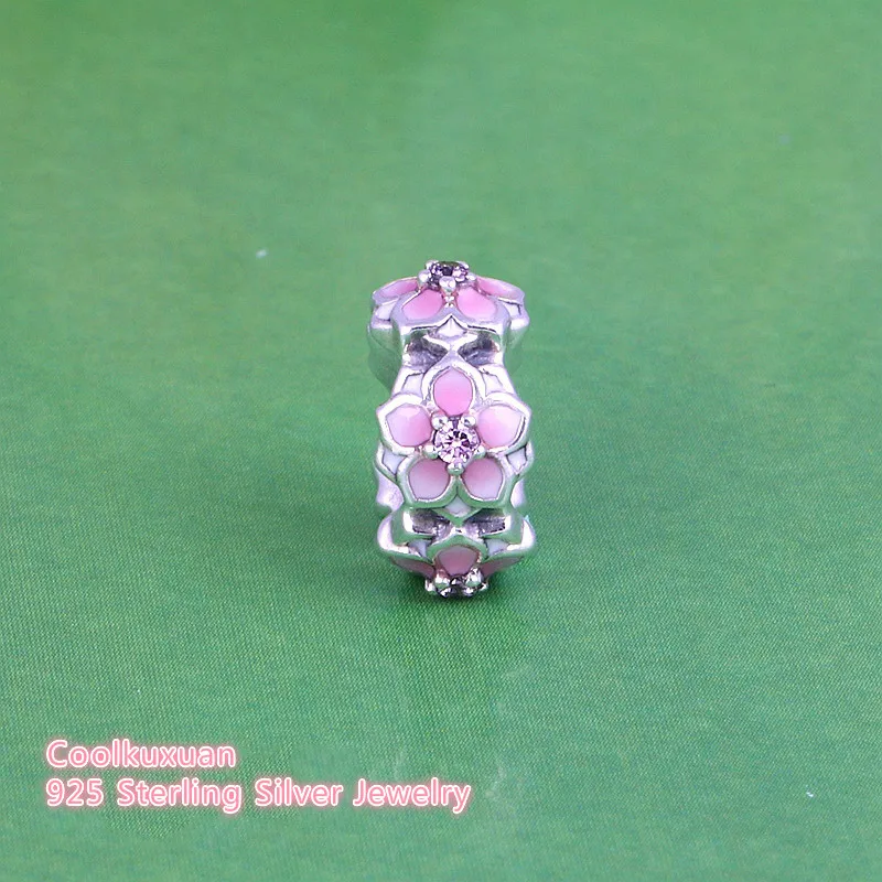 

Spring Magnolia Bloom Spacer Charms Bead 925 Sterling Silver Enamel Pink CZ Flower Stopper Beads Fits Pandora bracelets