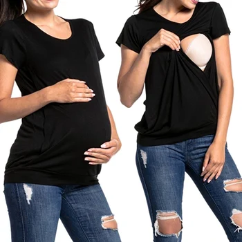 

Summer Short Sleeve Maternity Nursing Tops Polyester Breastfeeding Solid Simple Clothes Easy To Feed Baby Can Be Worn Outside C