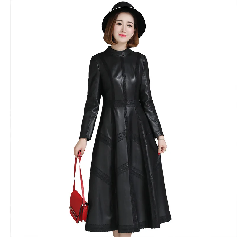 

Luxury Genuine Real Sheepskin Leather Suede Coat Jacket One-piece Dress Spring Autumn Women Outerwear X-Long Garment LF9024