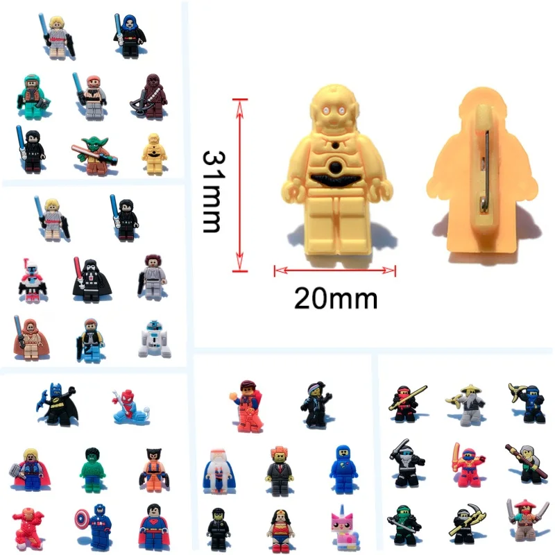 

50pcs Superhero Cartoon Figure Icon PVC Badges Pins Brooches Button Clothing/Bag/Hat Kid Party Gift Accessory