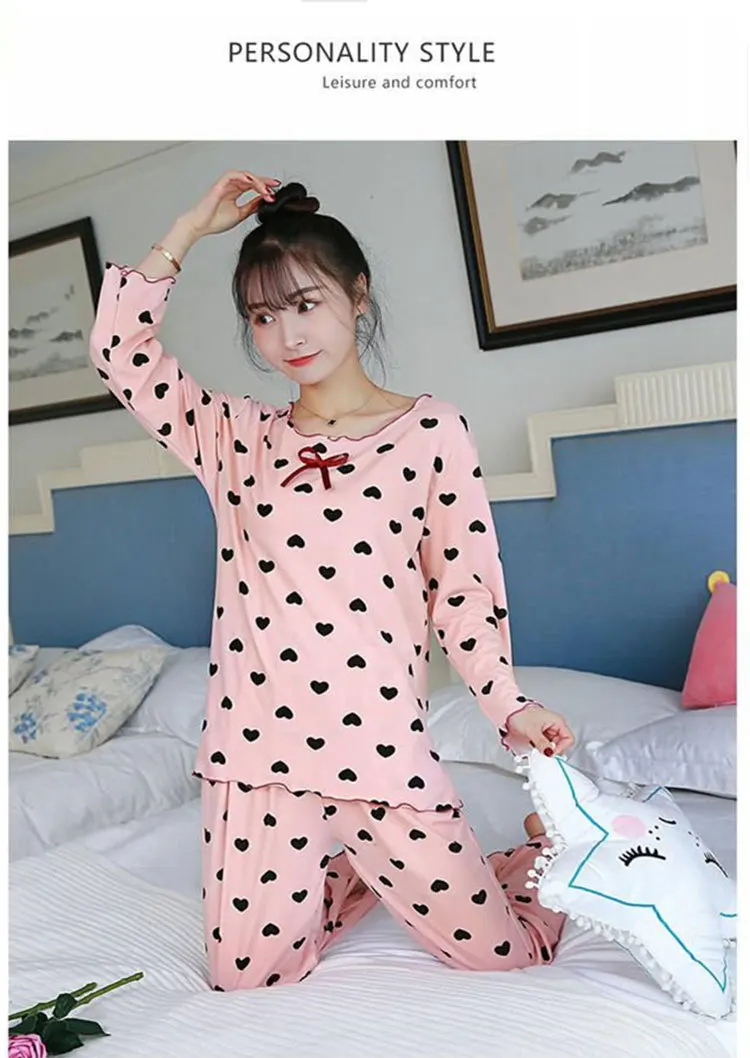 Spring Autumn Women Print Cartoon Love Long Sleeve Pajama Set Home Clothes - Цвет: Розовый